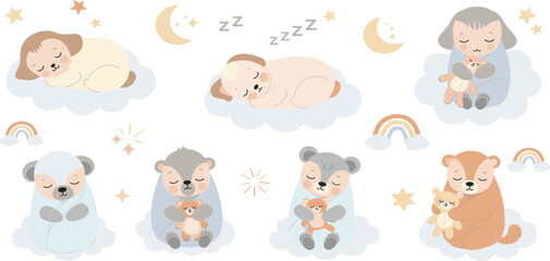 Cute Sleeping Baby Animals Illustration Set Featuring Puppy Bear Cub with Toys Clouds Moon Stars and Dreamy Night Elements Collection © Mahan