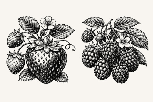 Vintage Engraved Illustration of Strawberry and Raspberry Berries with Leaves and Flowers, Hand Drawn Woodcut Style Vector Art for Retro Design Projects, Botanical Sketch on White Background