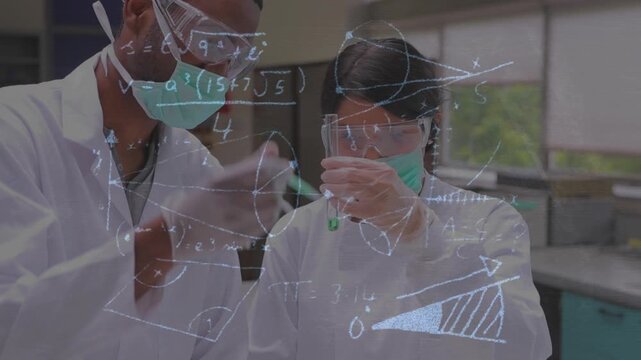Animation of mathematical equations over diverse scientist in lab cityscape