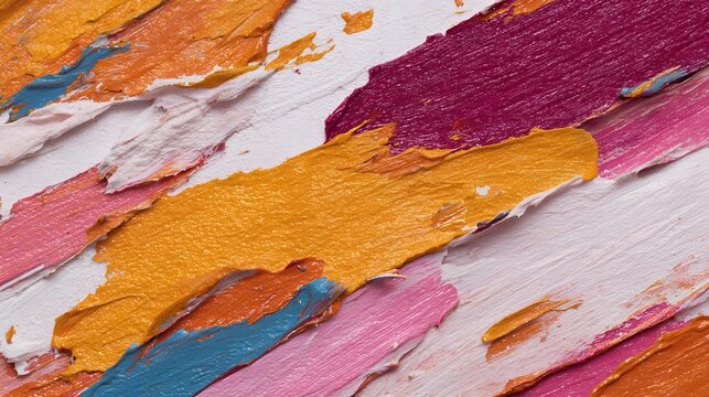 A vivid and textural close up view of layered abstract paint strokes in bold complementary colors like magenta yellow and blue