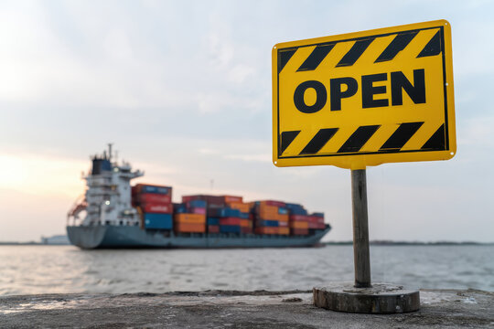 Symbolic open sign in the foreground with a merchant vessel sailing through the Strait of Hormuz for Middle East shipping and energy concepts