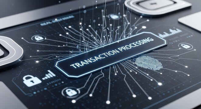 A digital interface visualizes transaction processing with secure icons and data flows on a dark background.