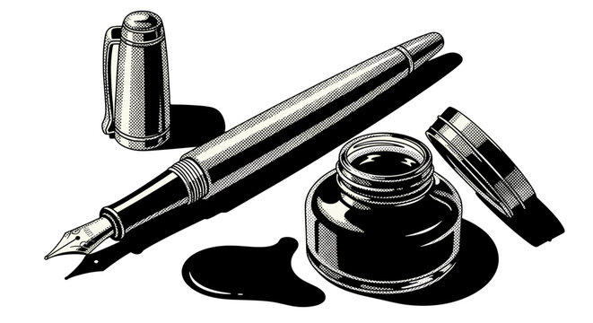 Elegant fountain pen with ink bottle and cap