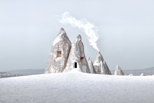 Surreal snow-covered fairy chimneys with cave dwellings in Cappadocia, Turkey