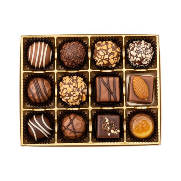 Assorted gourmet chocolates arranged in a decorative wooden box with compartments
