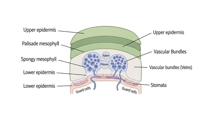 Cross-section of a plant leaf showing cellular structure, including epidermis, mesophyll layers, vascular bundles, and stomata with guard cells.