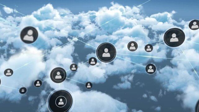 Animation of network of people icons exchanging data over cloudy blue sky