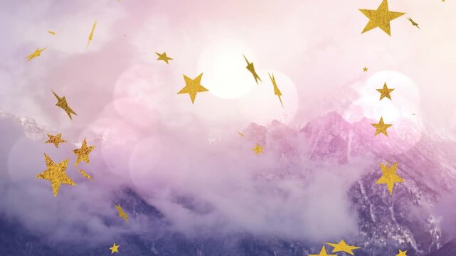 Animation of bokeh, stars and snow falling over mountain winter landscape