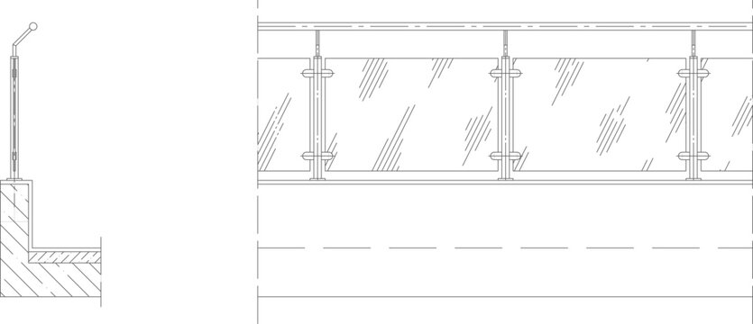 Technical architectural drawing showing a glass balustrade system with vertical posts and handrail in side section and front elevation views.