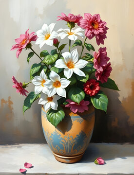 flower, flowers, vase, bouquet, floral, blossom, petals, bloom, arrangement, plant, nature, stilllife, oilpainting, painting, art, artwork, canvas, brush, texture, color, vibrant, pastel, soft, vintag