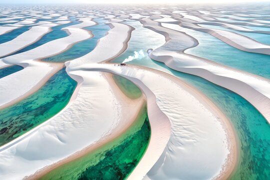 Surreal aerial view of Len&ccedil;&oacute;is Maranhenses with a vintage steam train and desert village