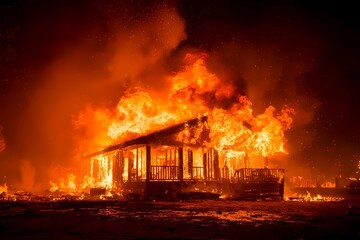 Fototapeta premium Fire consumes a wooden house in a rural area during nighttime in a dramatic scene of destruction and loss