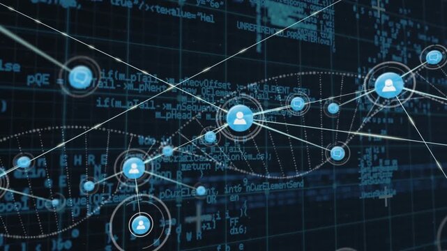 Animation of connected icons, computer language and dna helix against black background