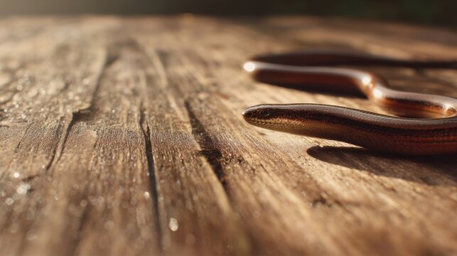 Slow worm resting on wooden deck in sunlight closeup