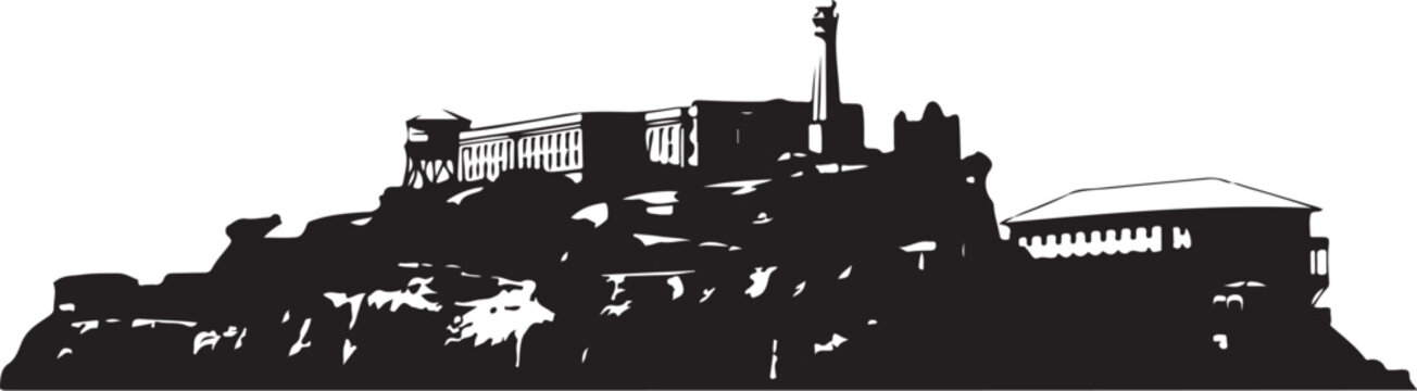 Alcatraz Island, San Francisco silhouette, black cityscape, vector illustration
