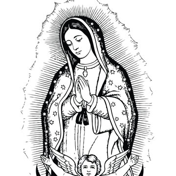 Our Lady of Guadalupe Illustration, Virgin Mary Religious Engraving Style Art