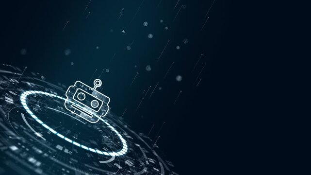 Motion graphic of chatbot, robot interface and automation over a futuristic HUD platform, with glowing data trails and digital network visuals designed for technology marketing video.