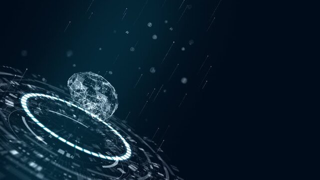 Motion graphic of low poly brain, neural network and data visualization on a futuristic HUD platform, with glowing data trails designed for technology marketing video.