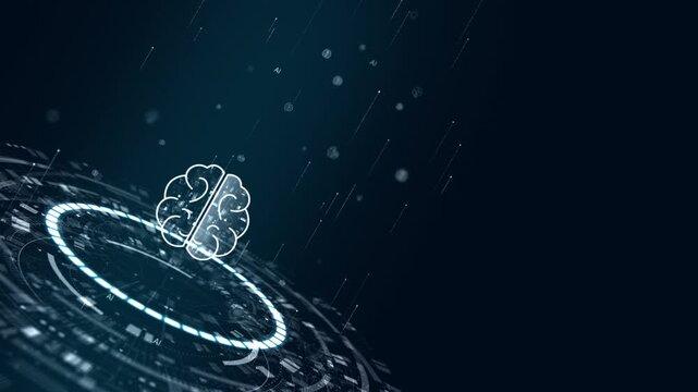 Motion graphic of digital brain, neural network and cognitive computing on a futuristic HUD platform, with glowing data trails designed for technology marketing video.