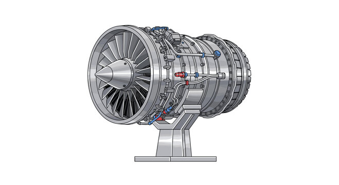 A complex metallic jet engine turbine assembly rests securely on a heavy duty steel pedestal against a pristine white background with sharp detailing.