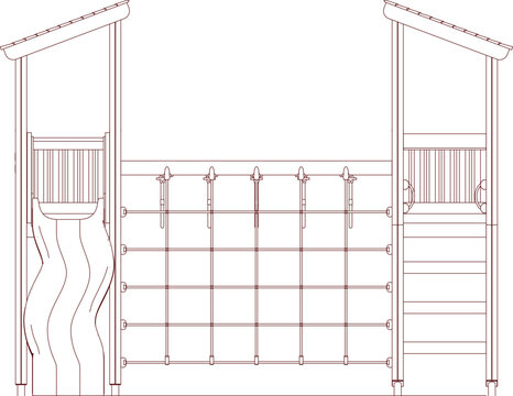 Technical drawing of outdoor playground structure featuring two covered platforms with seating connected by horizontal climbing bars in reddish-brown line art.
