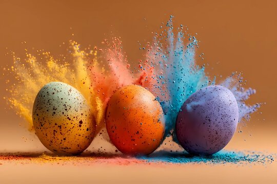 Colorful eggs burst with powder in a bright display during a spring celebration held indoors