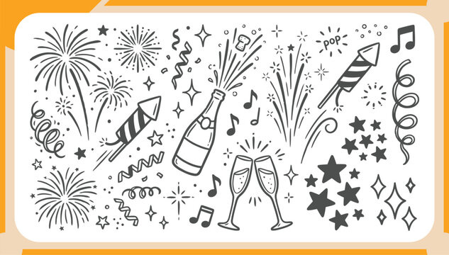 Large Collection of Hand Drawn Celebration Doodles Featuring Champagne Bottles, Fireworks, Rockets, Music Notes and Festive Sparkles Vector Illustration Set