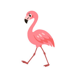 Obraz premium Cute pink flamingo walking illustration tropical bird kawaii animal playful happy cheerful summer scene white background