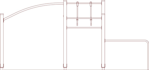 Technical architectural drawing showing a side elevation of outdoor playground equipment featuring a swing arm, monkey bars, and low rails in reddish-brown line art. © Riki