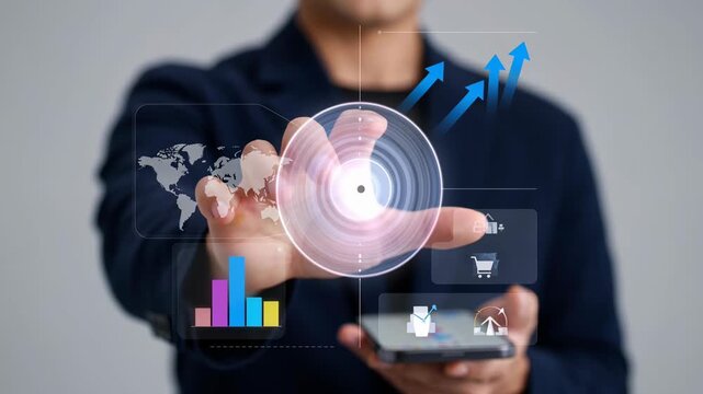 Man interacts with digital interface on smartphone. Futuristic concept of connectivity and progress. Modern technology, virtual reality, data management.