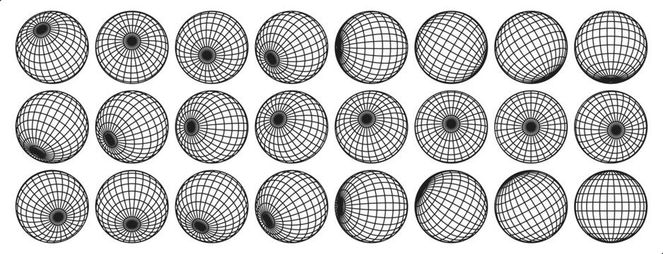 Wireframe sphere grids. Retro 3D globe wireframes and linear y2k spheres. Minimalist geometric globe outline, warped circular grid and spherical mesh shapes with editable stroke path
