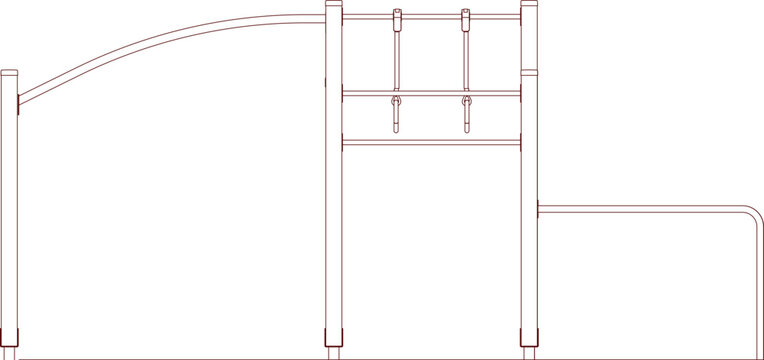 Technical architectural drawing showing a side elevation of outdoor playground equipment featuring a swing arm, monkey bars, and low rails in reddish-brown line art.