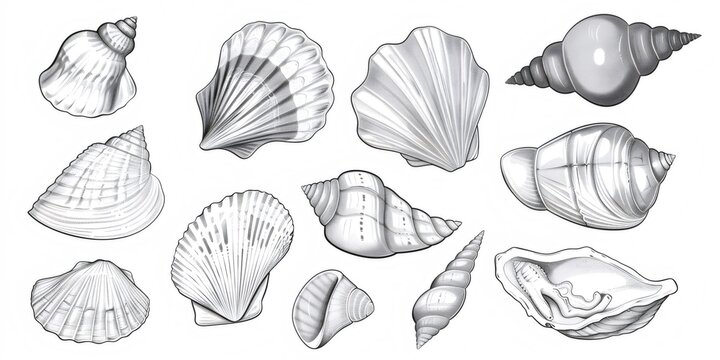 Seashell collection depicting various marine mollusks