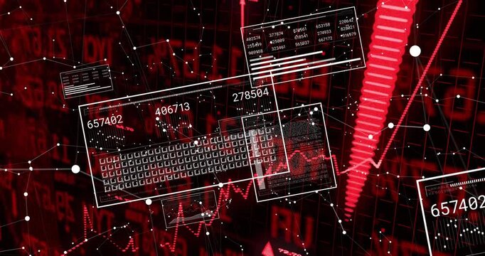 Red grid pulsating triggers panels moving numbers updating and arrow pulsing showing market trends