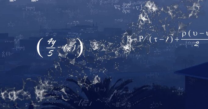 Node network emerging top, linking, blooming, drifting right, overlaying skyline, displaying math