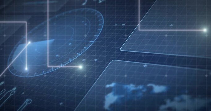 Digital HUD getting descending light expanding radar wedge, sending beams, linking map for scanning