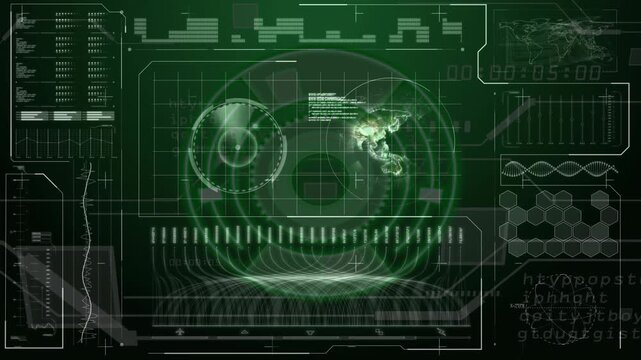 Green HUD panel initiating scan, pulsing radar, brightening map, updating waveform for analytics