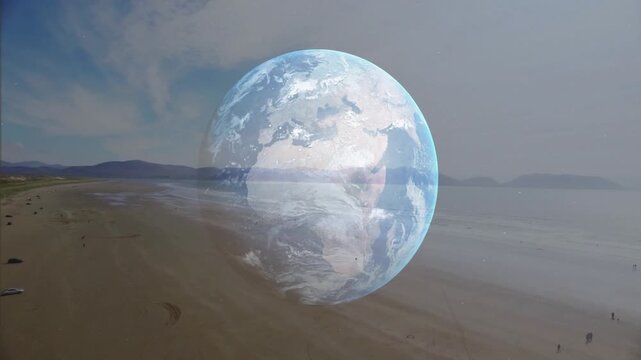 On start globe overlaying aerial coast, rotating and revealing shoreline, showing global view