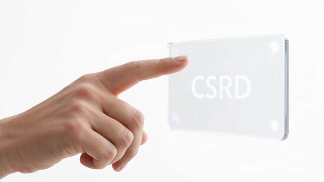 Finger pressing an interface. Modern technology displayed with a translucent screen. CSRD, sustainable business, ethical management.