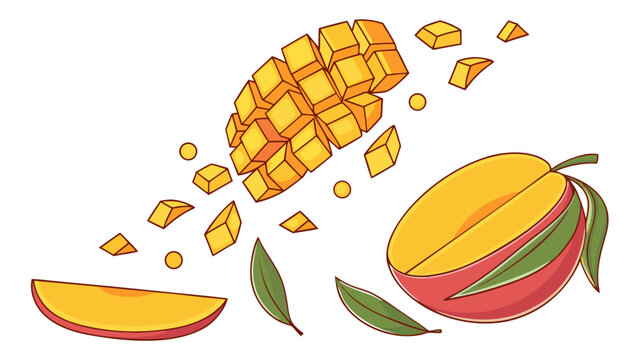 Fresh, juicy mangoes with vibrant colors, artfully sliced and scattered for a tropical delight.