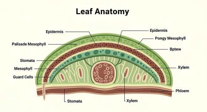 Cross-section of a leaf showing its internal structure, including epidermis, mesophyll layers, stomata, xylem, and phloem.