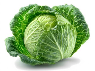 Fototapeta premium Fresh cabbage sits on a white surface with water droplets on its leaves and open leaves surrounding the main head
