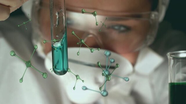 Lab researcher tilting test tube as bubble forming, inspecting teal fluid, molecules orbiting tube