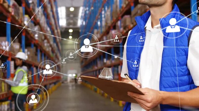 Warehouse mgr holding clipboard as worker scanning racks, network rising center aisle mapping stock