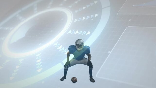 Football player prepping snap, releasing and aligning ball to start play amid moving radar graphics