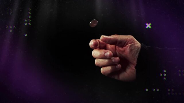 Thumb flick initiating right hand flipping coin, coin spinning through purple overlays toward catch