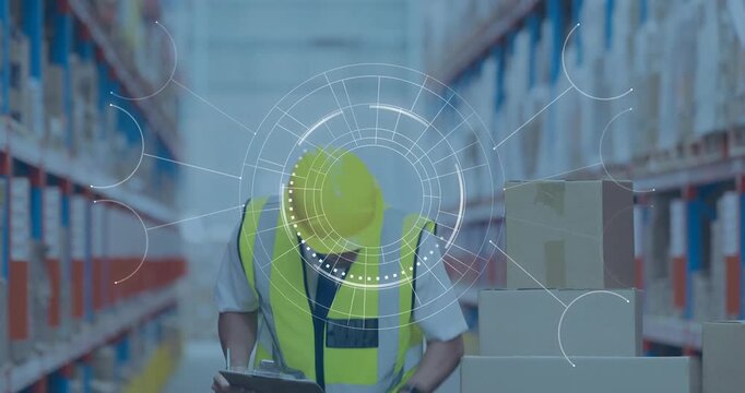Vertical video: Warehouse worker logging boxes on clipboard while HUD shifting, causing stock check