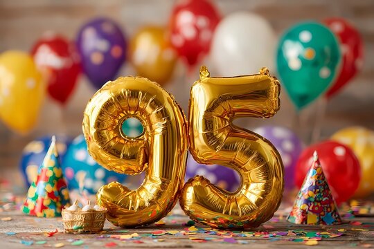 Celebration of 95th birthday with balloons and party decorations in a festive setting