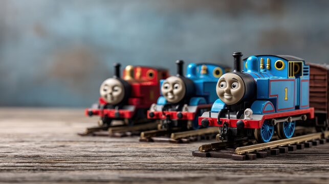 Collection of Thomas the Tank Train Toys on a Wooden Surface With Tracks and Empty Background Offering Many Options for Design and Creativity