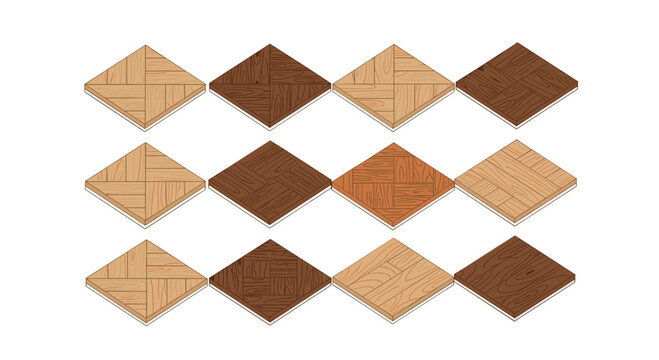 Grid of twelve isometric wooden floor tiles featuring various wood grain patterns and shades of brown on a clean white studio background for presentation.